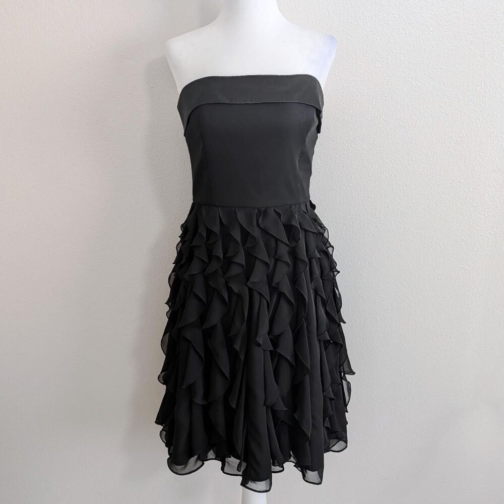 White House Black Market Black Strapless Ruffle Mini Cocktail Dress | Size 4